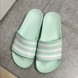 Adidas Mint Green Slide Sandals with White Stripes